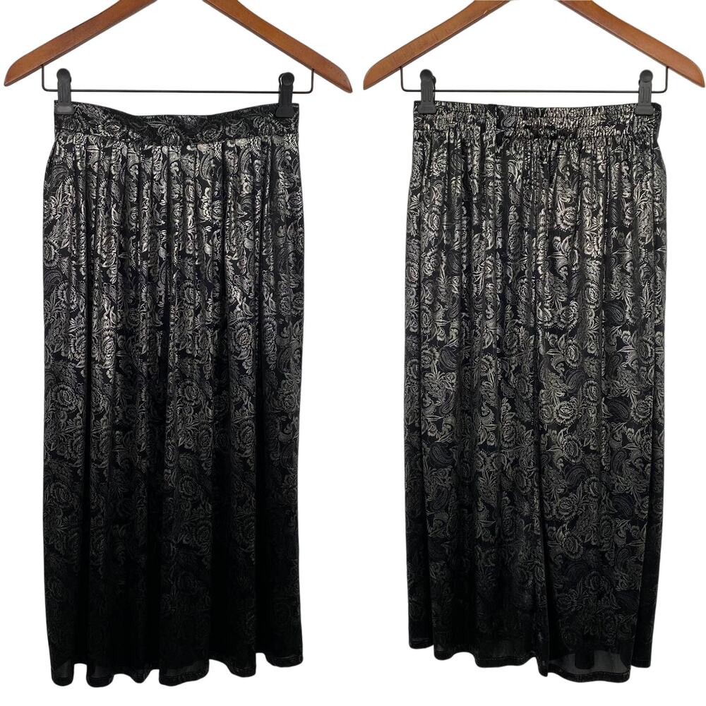 Vintage 80s Metallic Paisley Floral Printed Midi Skirt Black Silver Womens XS